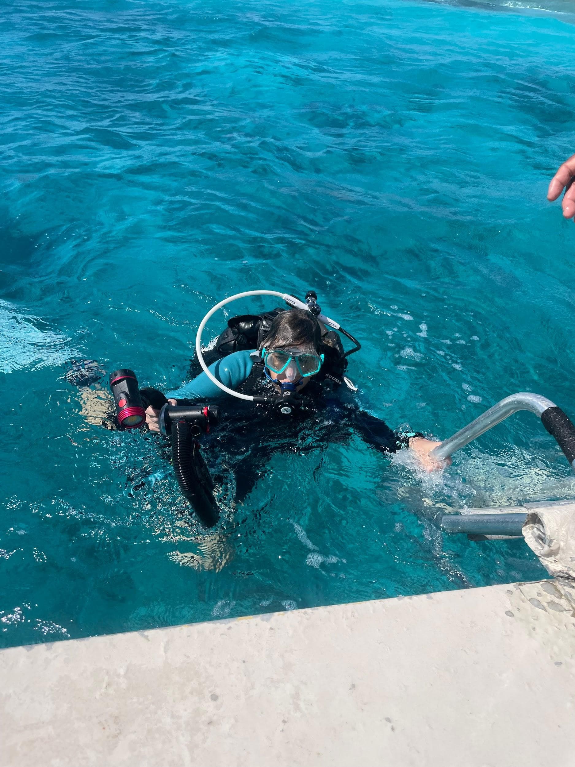 Diver surfacing at a dock